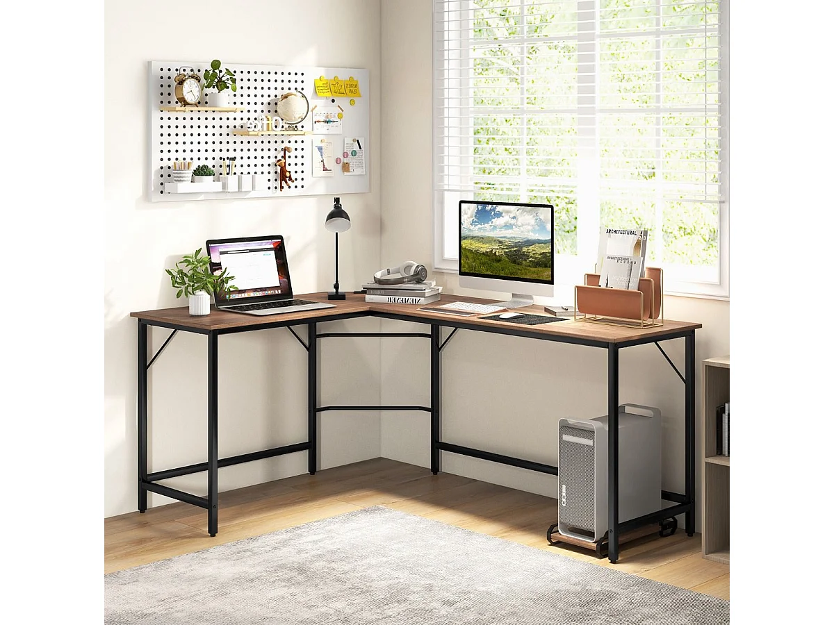 L-förmiger Computertisch mit Steckdose & CPU-Ständer & Robustem Metallrahmen Eckschreibtisch Natur