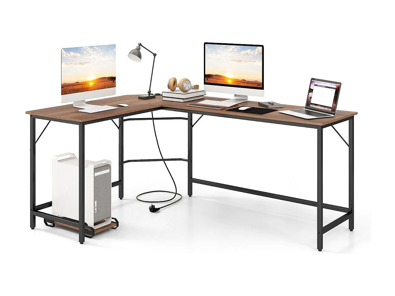 L-förmiger Computertisch mit Steckdose & CPU-Ständer & Robustem Metallrahmen Eckschreibtisch Natur