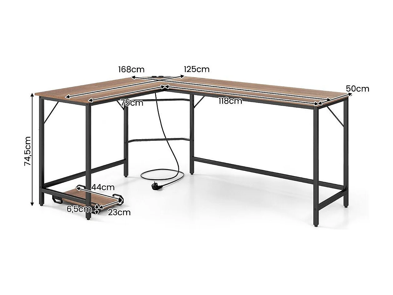 L-förmiger Computertisch mit Steckdose & CPU-Ständer & Robustem Metallrahmen Eckschreibtisch Natur