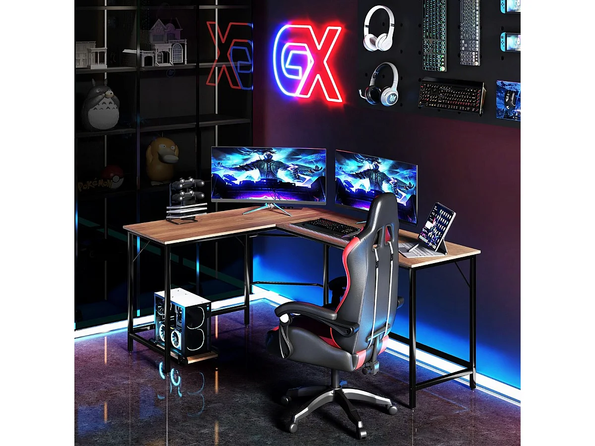 L-förmiger Computertisch mit Steckdose & CPU-Ständer & Robustem Metallrahmen Eckschreibtisch Natur