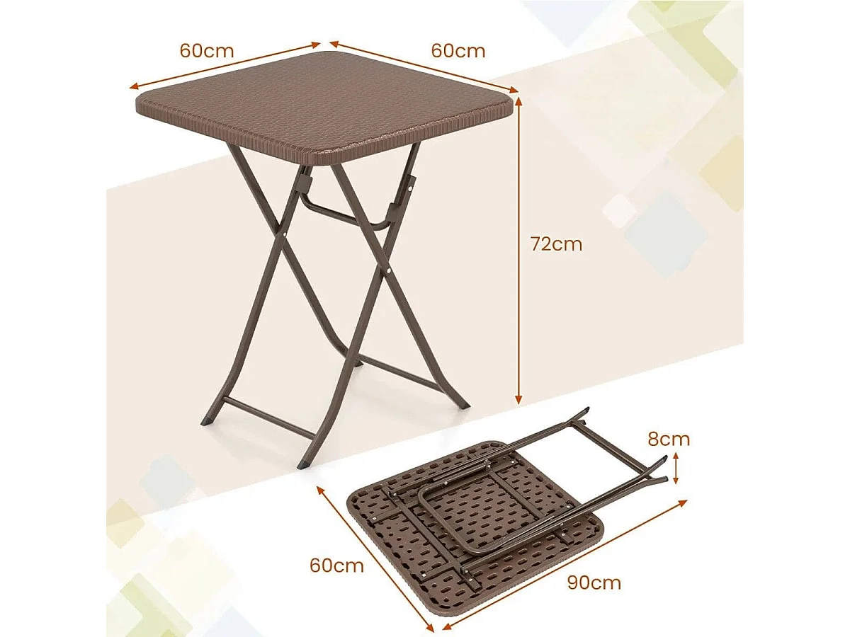 Table de Jardin Pliante Carrée de 60cm Table Basse Extérieur en Plastique avec Plateau en Rotin PE Plateau en Métal Charge 50kg Café