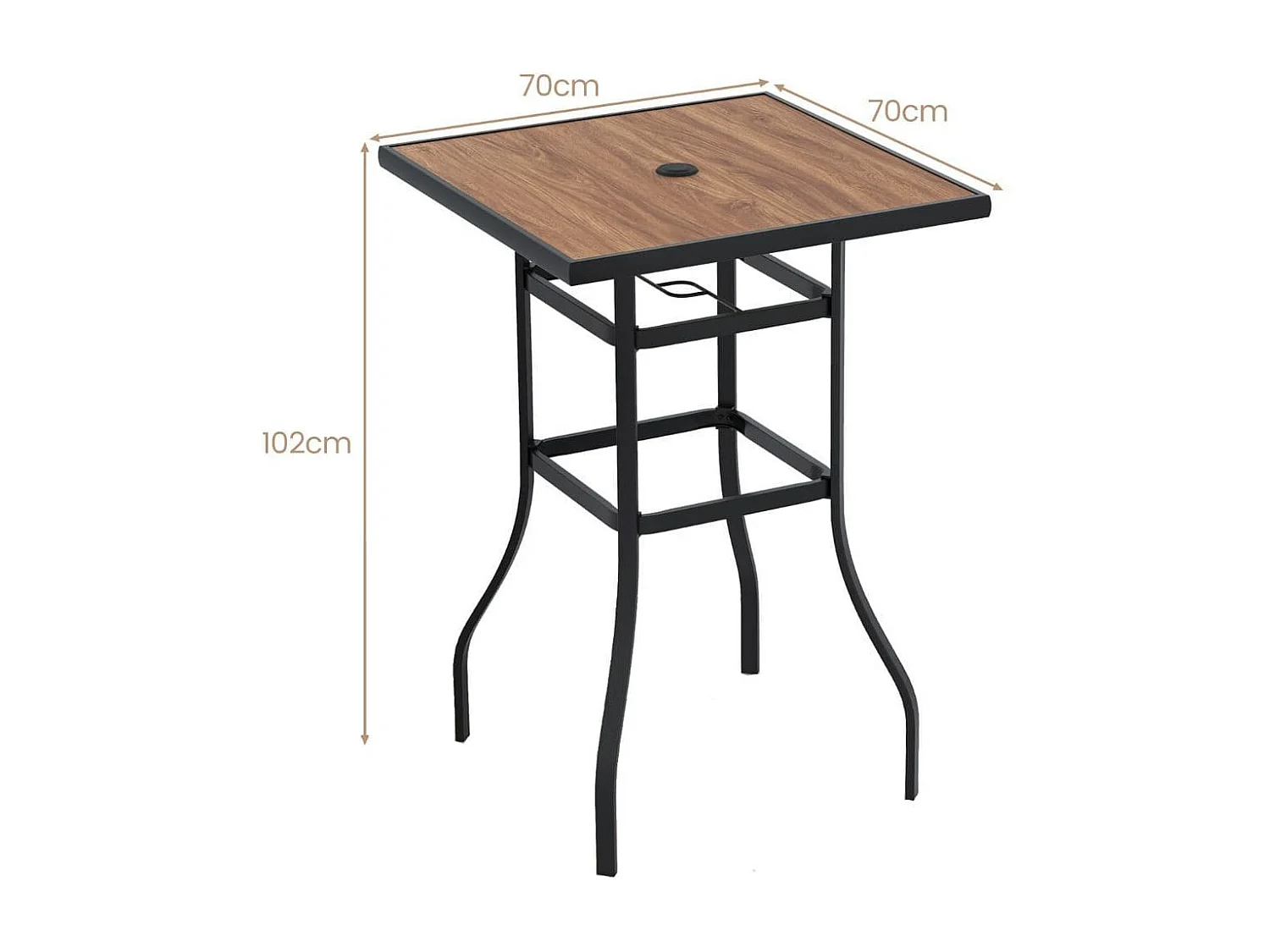 Table de Bar Carrée de Patio 70 cm Table de Jardin avec Cadre en Métal Robuste Trou de Parasol de 39 mm Table Bistrot d'Extérieur