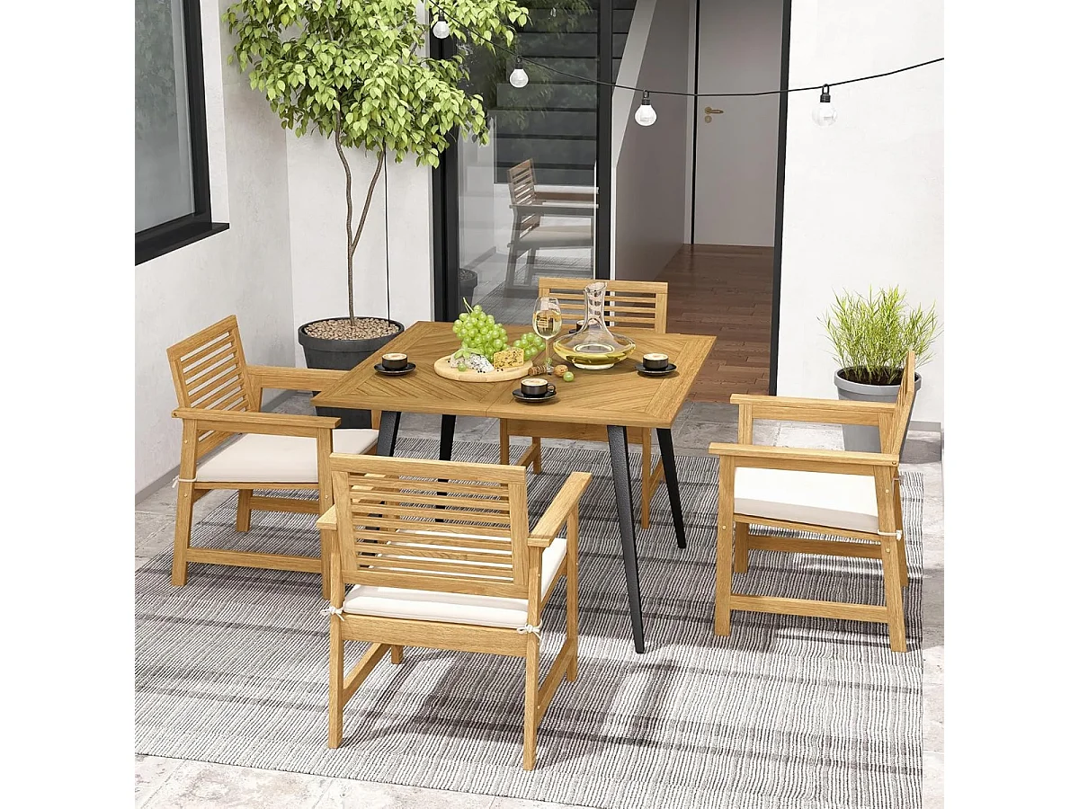 Table de Salle à Manger d'Extérieur pour 4 Personnes Table de Patio en Bois d'Acacia de 107 cm avec Trou pour Parasol de 5 cm Pieds en Métal