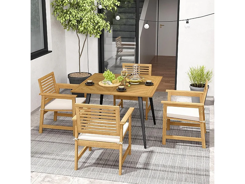 Table de Salle à Manger d'Extérieur pour 4 Personnes Table de Patio en Bois d'Acacia de 107 cm avec Trou pour Parasol de 5 cm Pieds en Métal