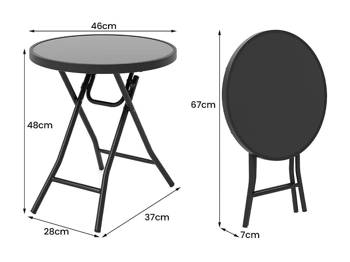 Table de Jardin Bistro Ronde Pliante de 46 cm Table Basse Extérieur avec Plateau en Verre Trempé Cadre en Métal Robuste Charge 50 kg Noir