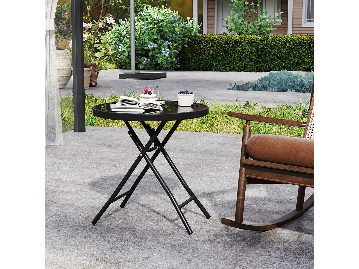 Table de Jardin Bistro Ronde Pliante de 46 cm Table Basse Extérieur avec Plateau en Verre Trempé Cadre en Métal Robuste Charge 50 kg Noir