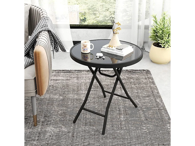Table de Jardin Bistro Ronde Pliante de 46 cm Table Basse Extérieur avec Plateau en Verre Trempé Cadre en Métal Robuste Charge 50 kg Noir