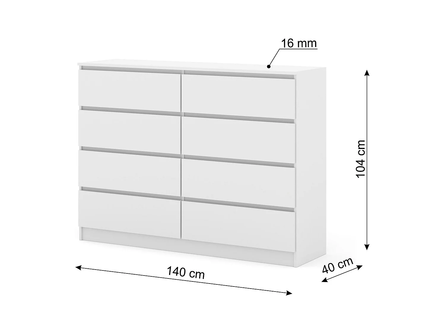 Commode MAJA S8 140 cm blanc mat – 8 tiroirs