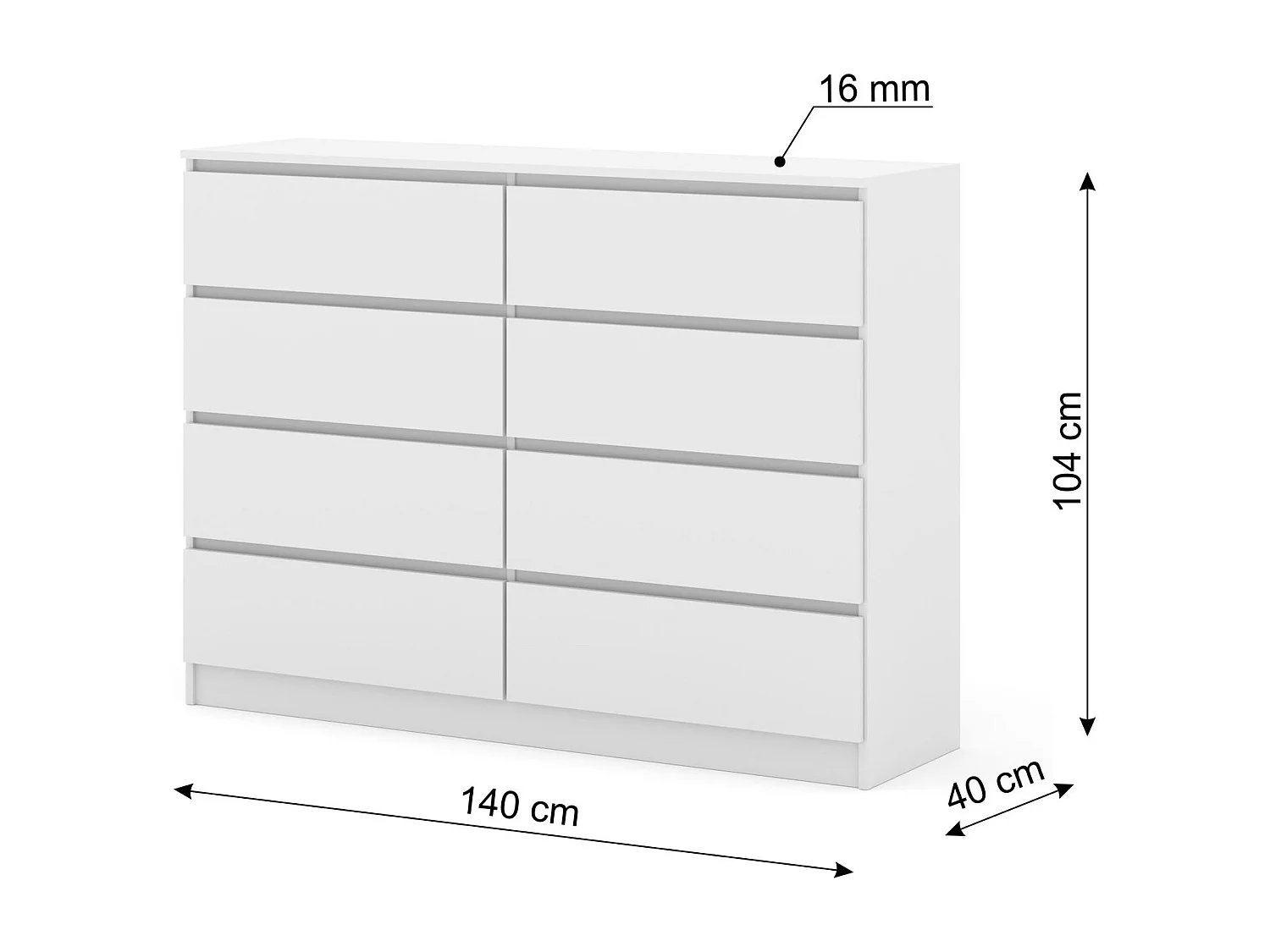 Cómoda MAJA S8 140 cm blanco mate – 8 cajones