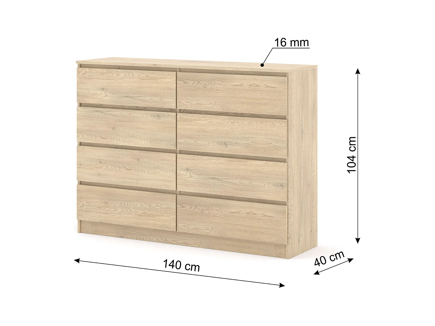 Kommode MAJA S8 140 cm Eiche Cremona  – 8 Schubladen