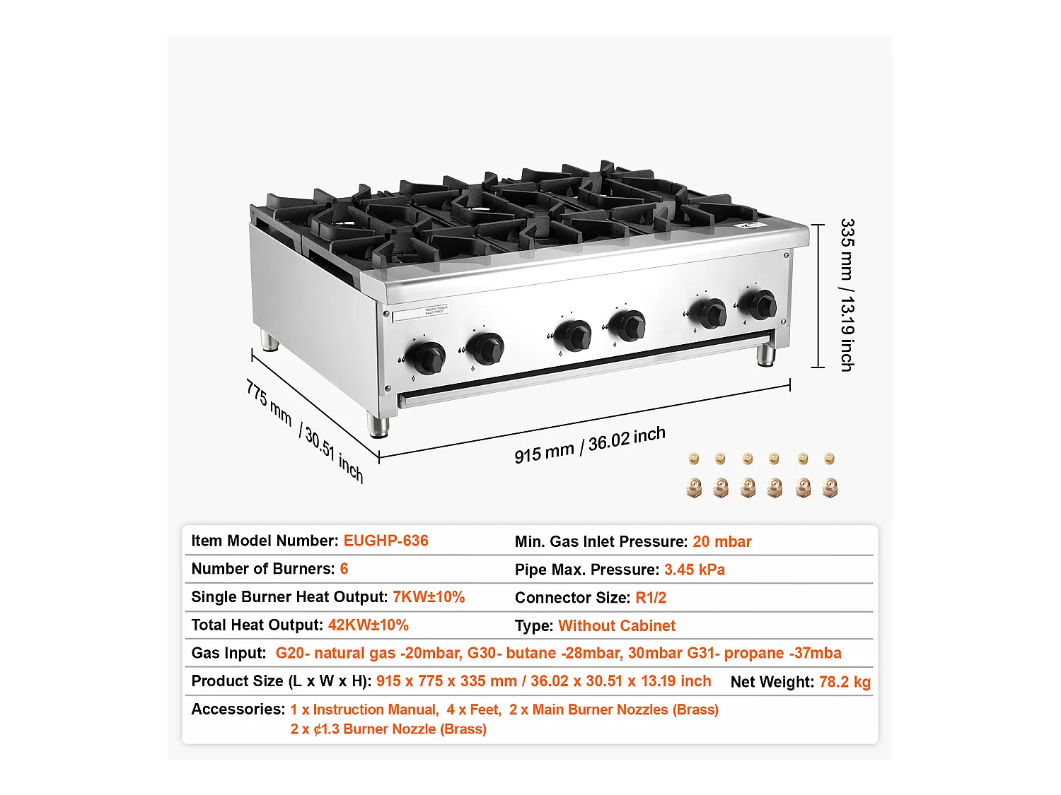 Kommerzieller Gasherd SucceBuy mit 6 Brennern, 42 kW, Edelstahl, Geeignet für Propan und Erdgas, Tischherd