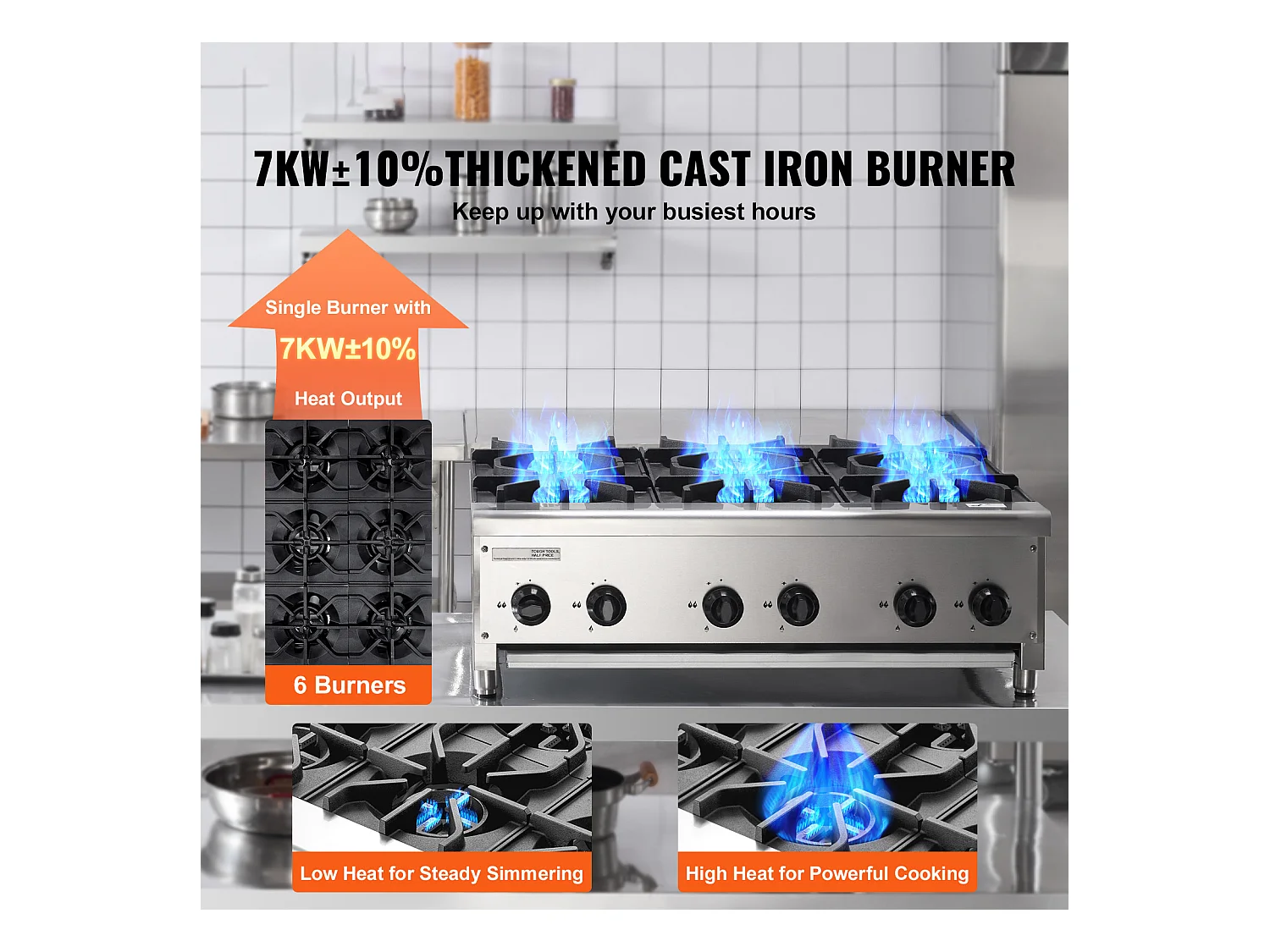 Kommerzieller Gasherd SucceBuy mit 6 Brennern, 42 kW, Edelstahl, Geeignet für Propan und Erdgas, Tischherd