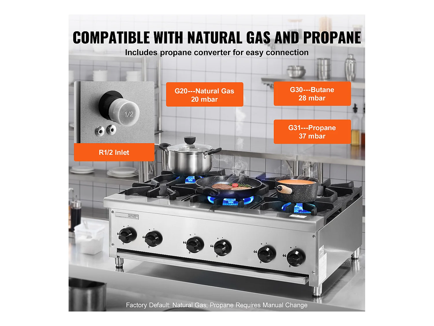 Kommerzieller Gasherd SucceBuy mit 6 Brennern, 42 kW, Edelstahl, Geeignet für Propan und Erdgas, Tischherd