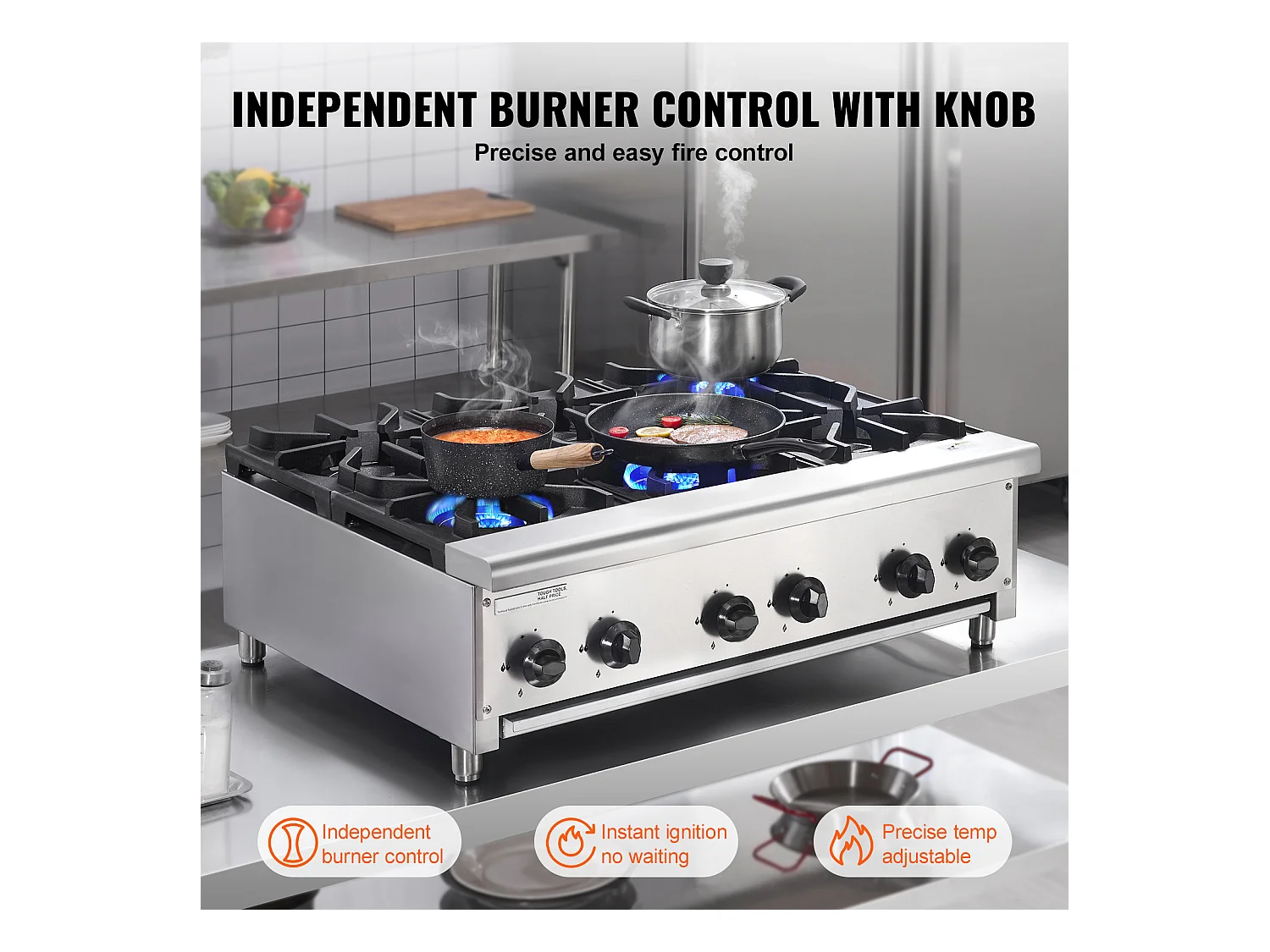 Kommerzieller Gasherd SucceBuy mit 6 Brennern, 42 kW, Edelstahl, Geeignet für Propan und Erdgas, Tischherd