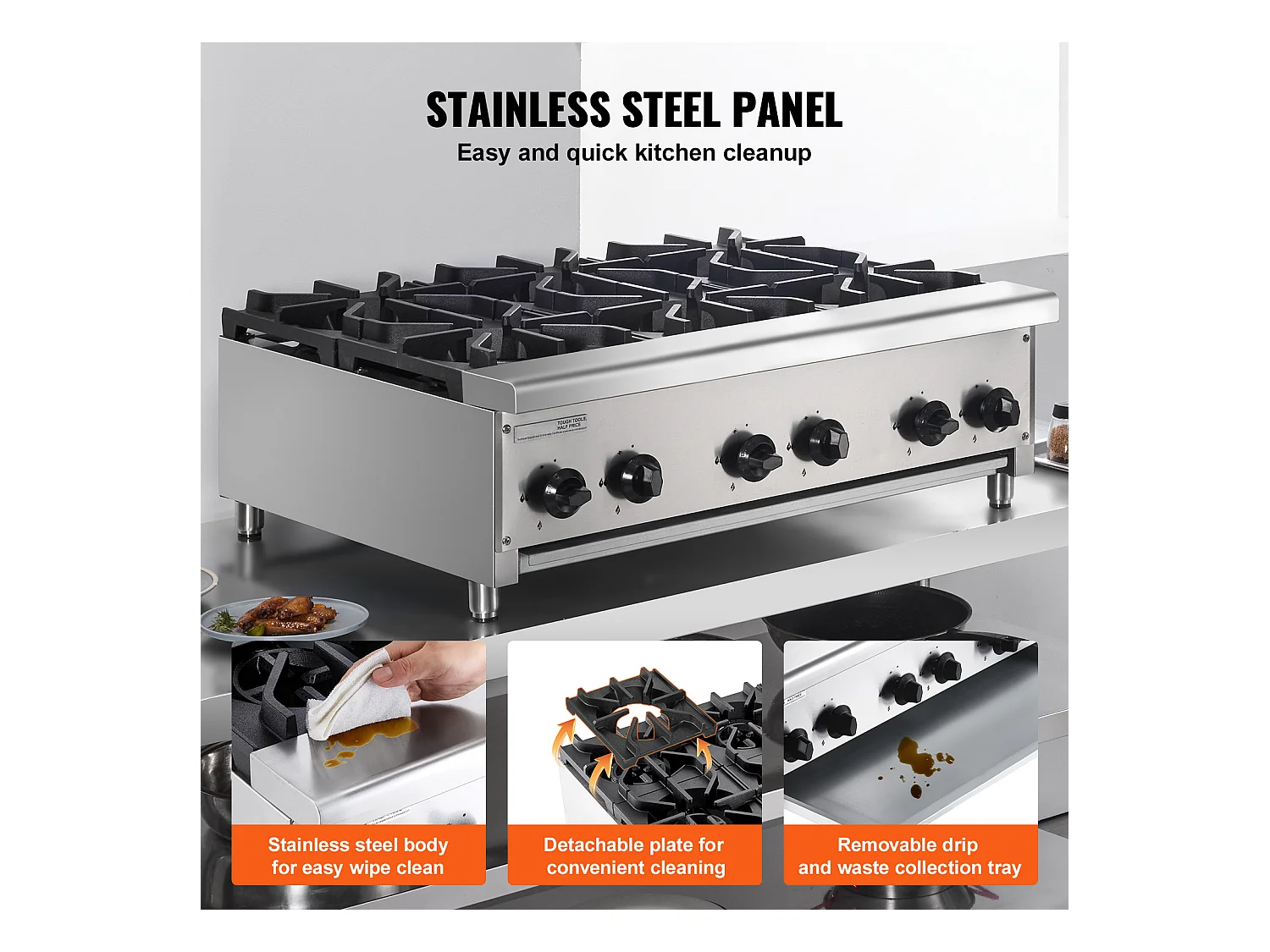 Kommerzieller Gasherd SucceBuy mit 6 Brennern, 42 kW, Edelstahl, Geeignet für Propan und Erdgas, Tischherd