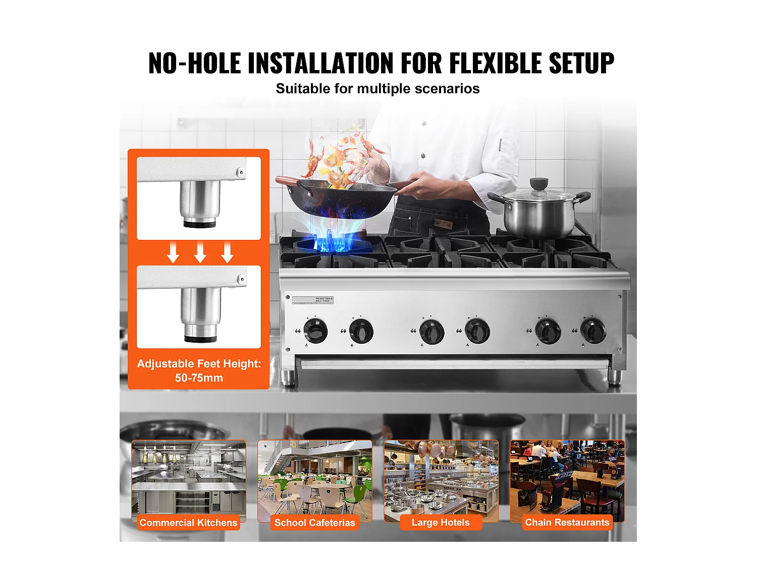 Kommerzieller Gasherd SucceBuy mit 6 Brennern, 42 kW, Edelstahl, Geeignet für Propan und Erdgas, Tischherd