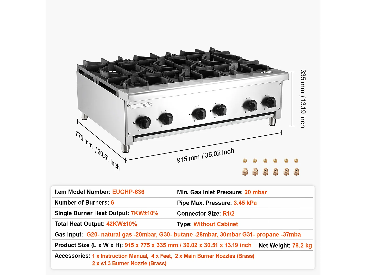 Fornello a Gas Commerciale SucceBuy con 6 Bruciatori, 42 kW, Acciaio Inossidabile, Adatto a Propano e Gas Naturale, Fornello da Banco
