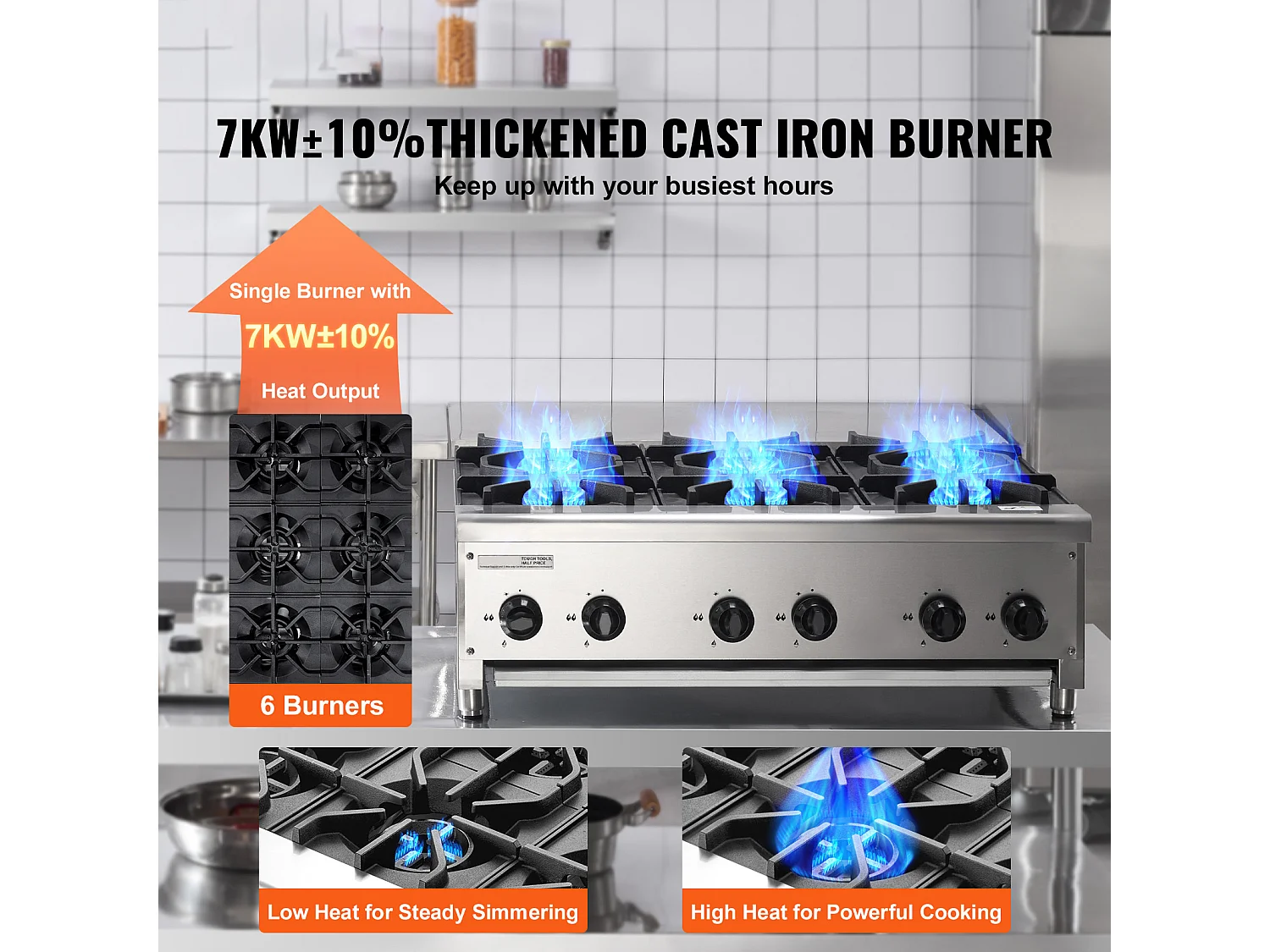 Fornello a Gas Commerciale SucceBuy con 6 Bruciatori, 42 kW, Acciaio Inossidabile, Adatto a Propano e Gas Naturale, Fornello da Banco