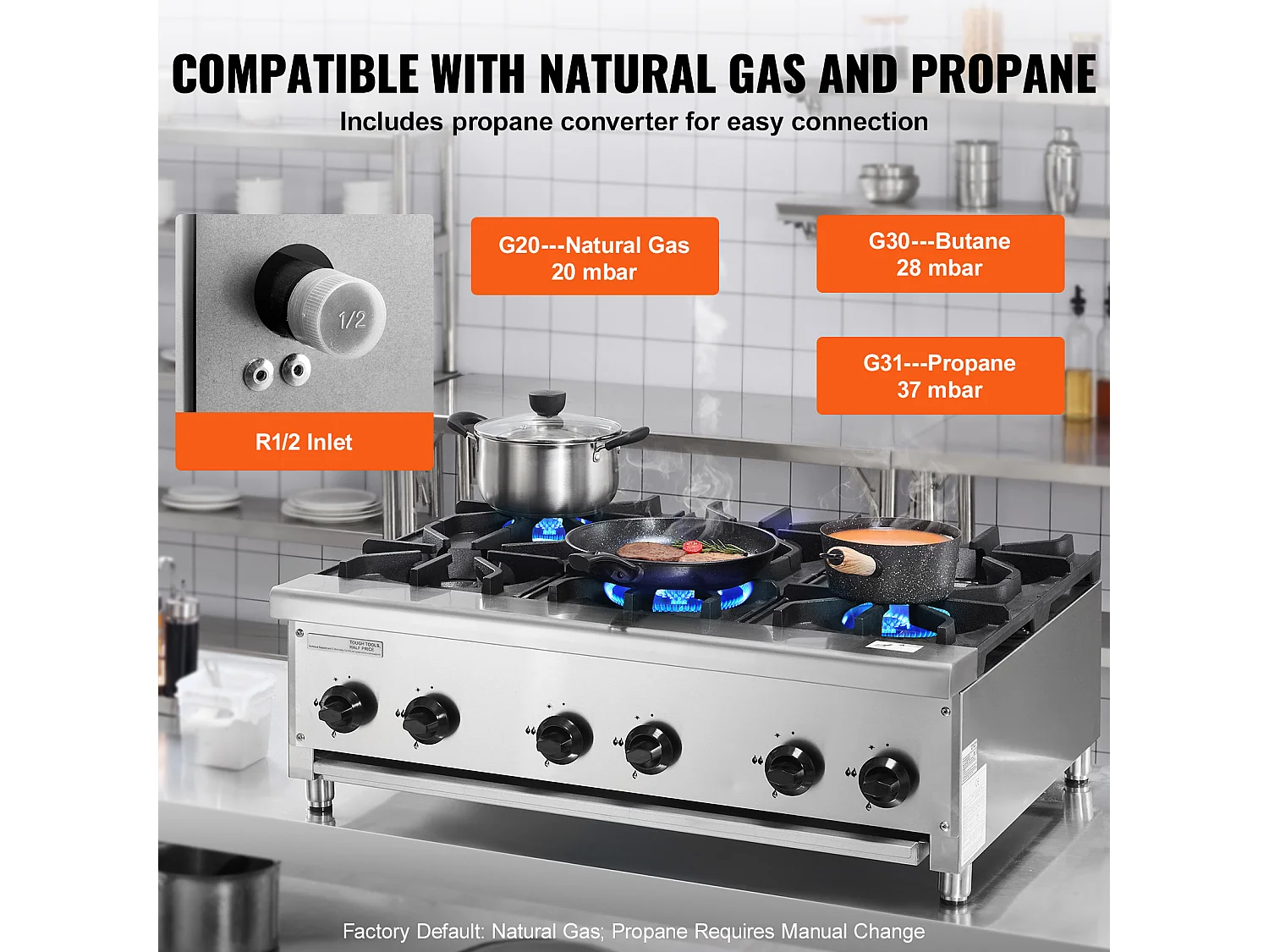 Fornello a Gas Commerciale SucceBuy con 6 Bruciatori, 42 kW, Acciaio Inossidabile, Adatto a Propano e Gas Naturale, Fornello da Banco