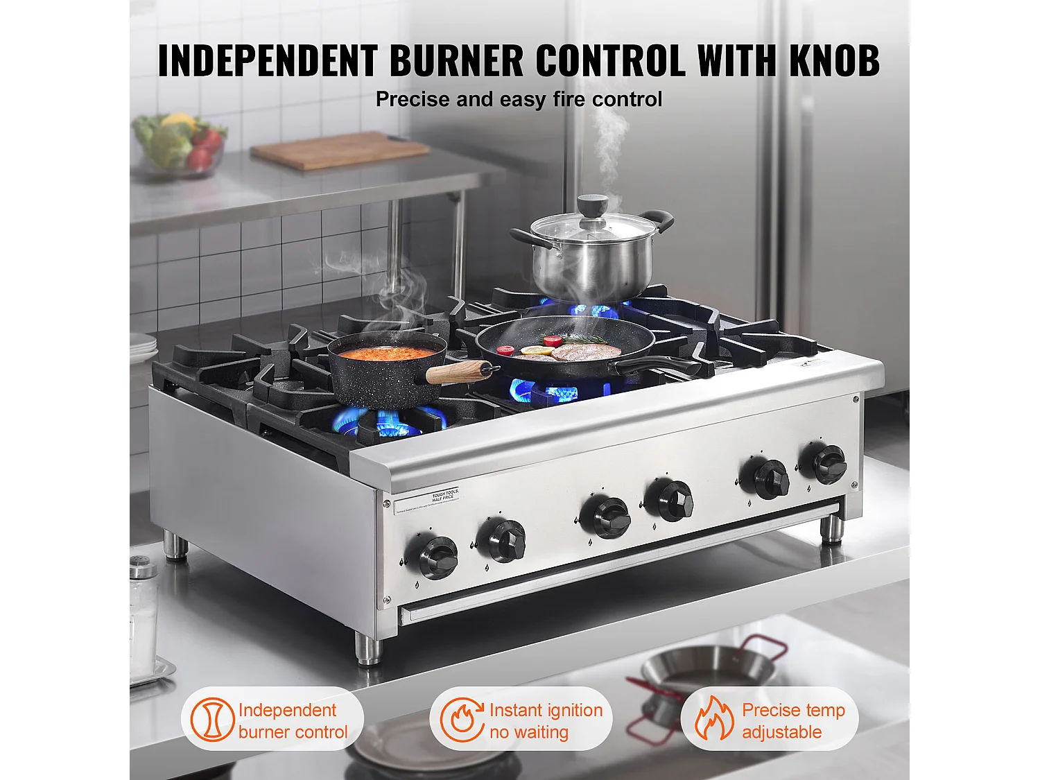 Fornello a Gas Commerciale SucceBuy con 6 Bruciatori, 42 kW, Acciaio Inossidabile, Adatto a Propano e Gas Naturale, Fornello da Banco