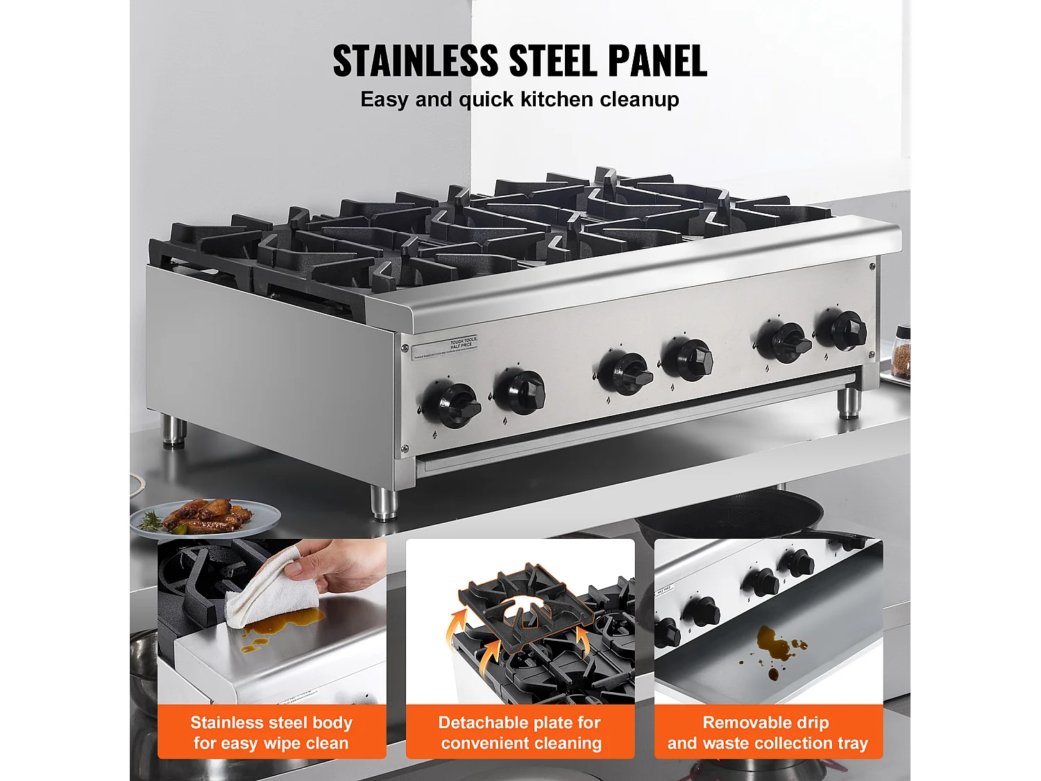 Fornello a Gas Commerciale SucceBuy con 6 Bruciatori, 42 kW, Acciaio Inossidabile, Adatto a Propano e Gas Naturale, Fornello da Banco