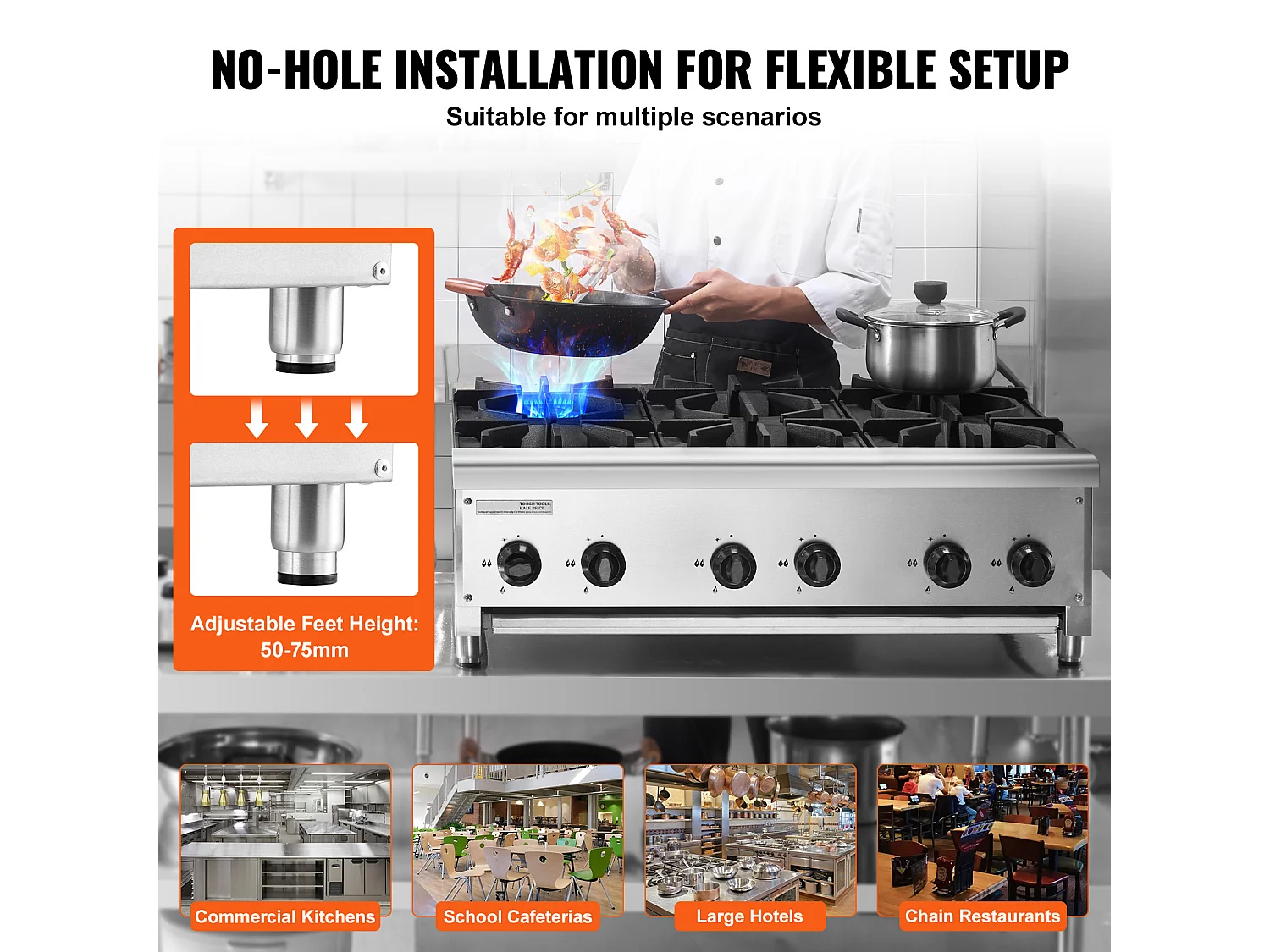 Fornello a Gas Commerciale SucceBuy con 6 Bruciatori, 42 kW, Acciaio Inossidabile, Adatto a Propano e Gas Naturale, Fornello da Banco