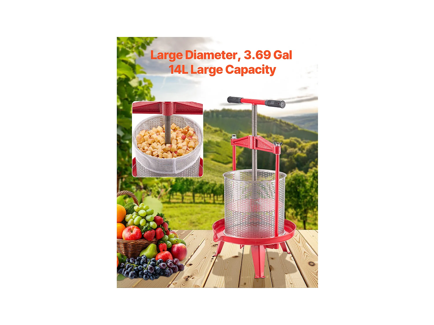 Handpresse für Früchte und Wein SucceBuy , Edelstahl 14L, für die Hausbrauerei, mit Querbalken und Stabiler Dreieckskonstruktion