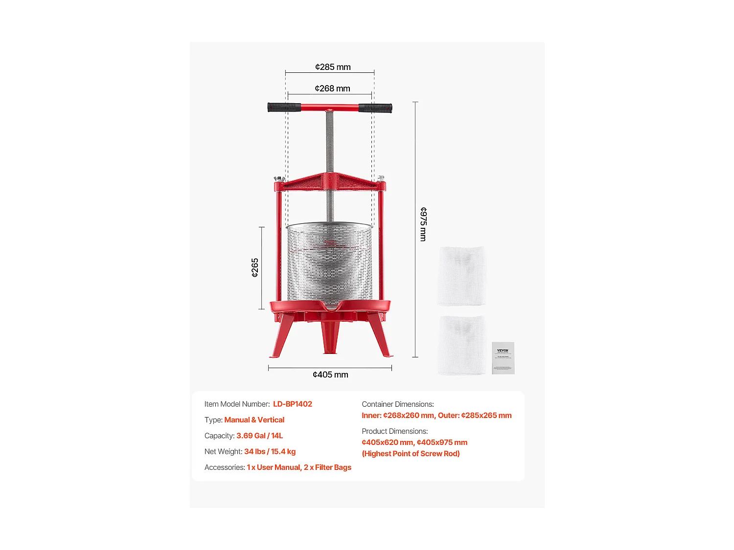 Manual Fruit and Wine Press SucceBuy, 14L Stainless Steel, for Home Brewing, met Dwarsbalk en Dtabiel Driehoekig Ontwerp