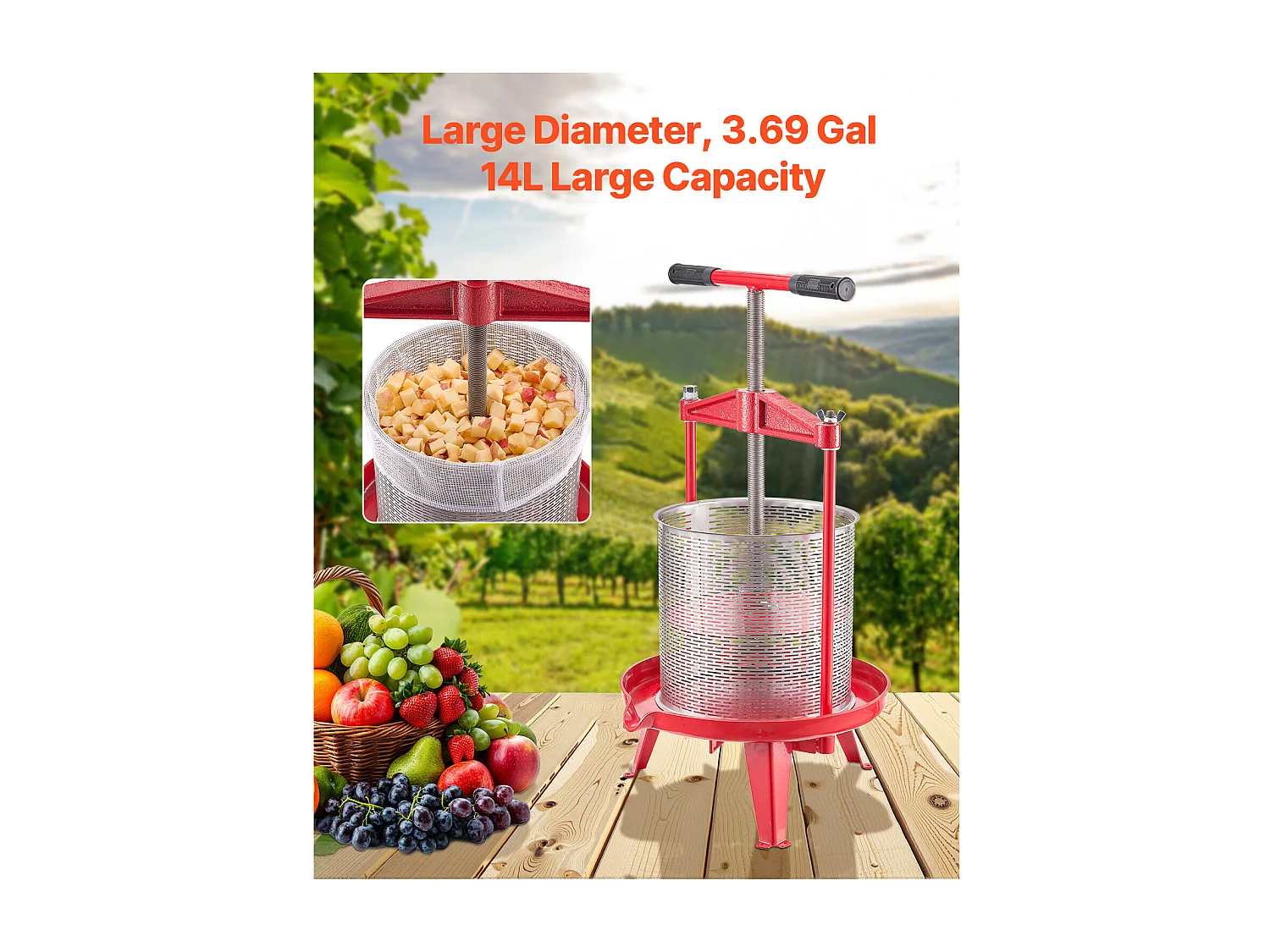 Manual Fruit and Wine Press SucceBuy, 14L Stainless Steel, for Home Brewing, met Dwarsbalk en Dtabiel Driehoekig Ontwerp