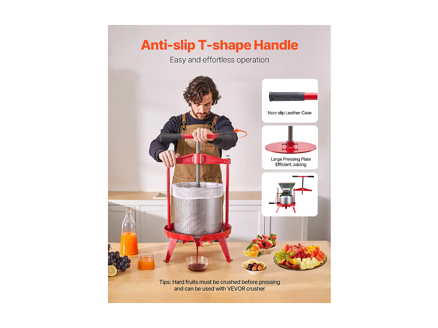 Manual Fruit and Wine Press SucceBuy, 14L Stainless Steel, for Home Brewing, met Dwarsbalk en Dtabiel Driehoekig Ontwerp
