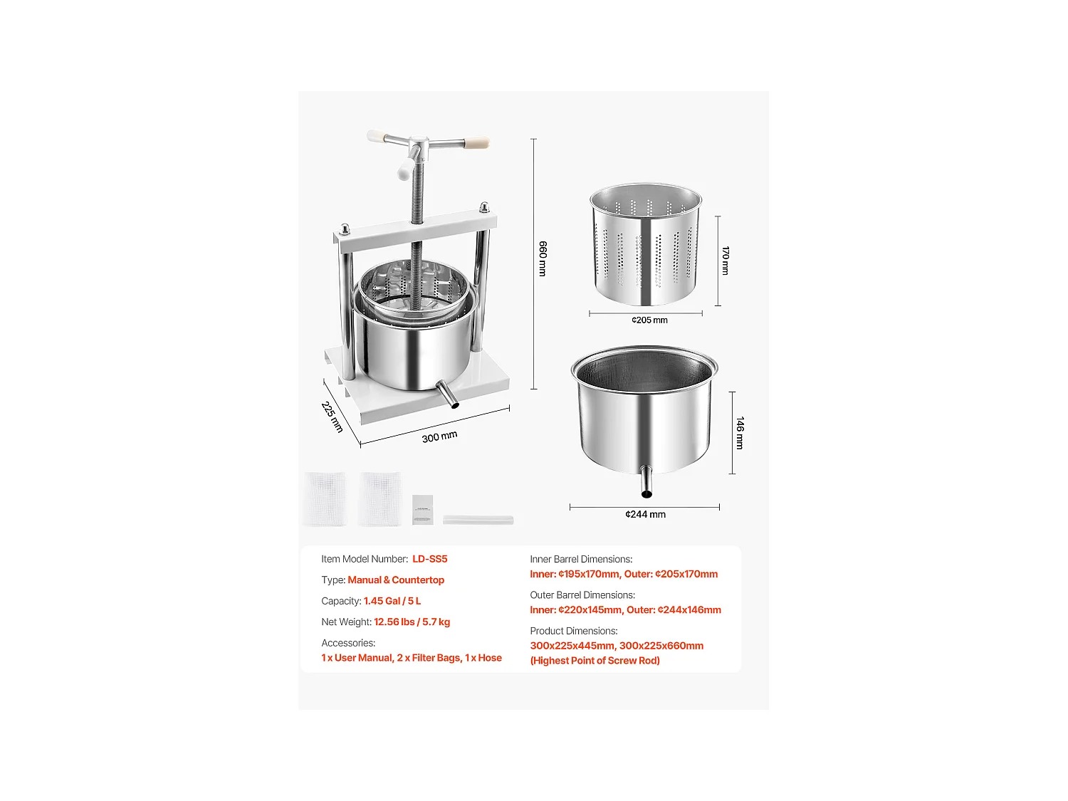 Prensa Manual para Vinificação Doméstica SucceBuy, 5 L, Aço Inoxidável, Extrator de Sumo para Sidra, Maçã, Uva, Mel