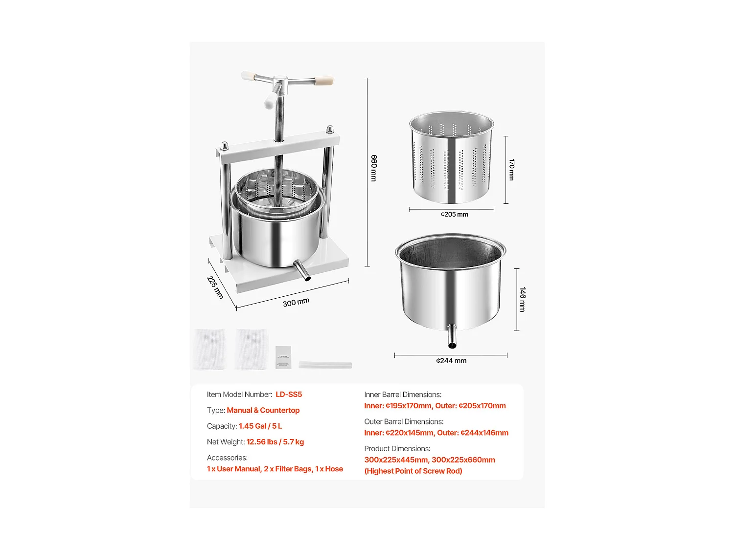 Manual Press for Home Winemaking SucceBuy , 5 L, Stainless Steel, Sapcentrifuge voor Cider, Appels, Druiven, Honing