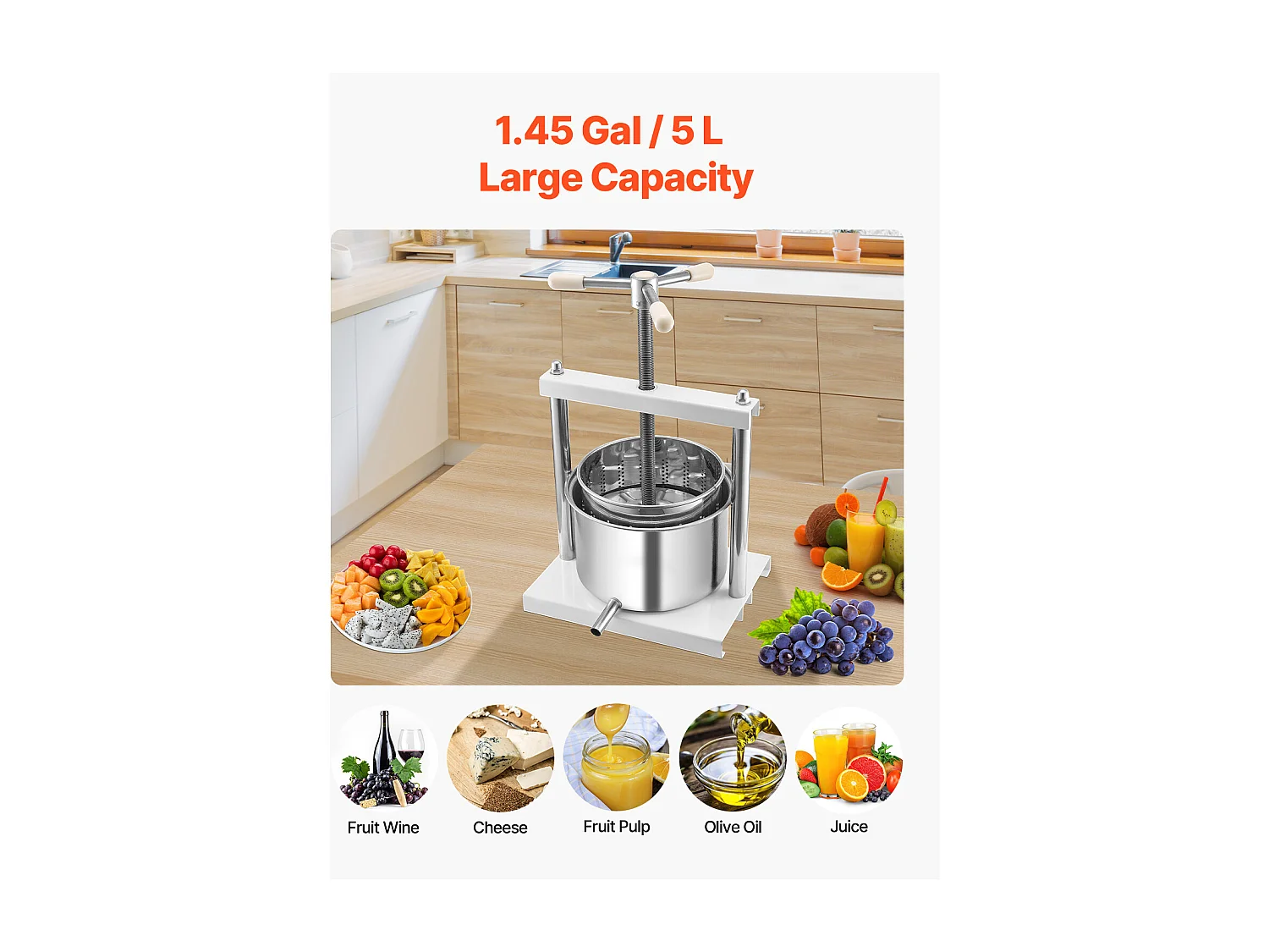 Manual Press for Home Winemaking SucceBuy , 5 L, Stainless Steel, Sapcentrifuge voor Cider, Appels, Druiven, Honing