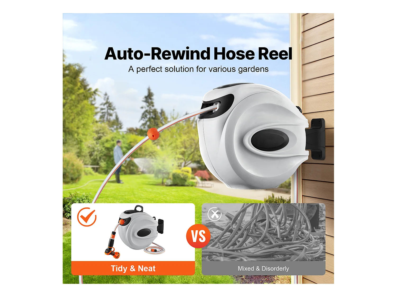 Enrouleur de Tuyau d'Arrosage Rétractable SucceBuy, 1,2 cm x 30 m, Fixé au Mur, Avec Buse 9 - Pattern, Verrouillage de Toute Longueur
