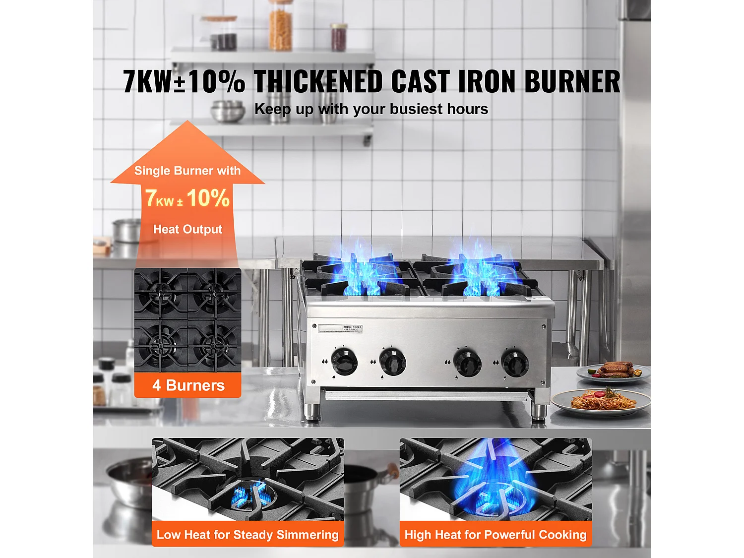 Cuisinière à Gaz Commerciale SucceBuy, Plaque Chauffante de Comptoir à 4 Brûleurs, Cuisinière de Comptoir au Propane et au Gaz Naturel, 28 kW