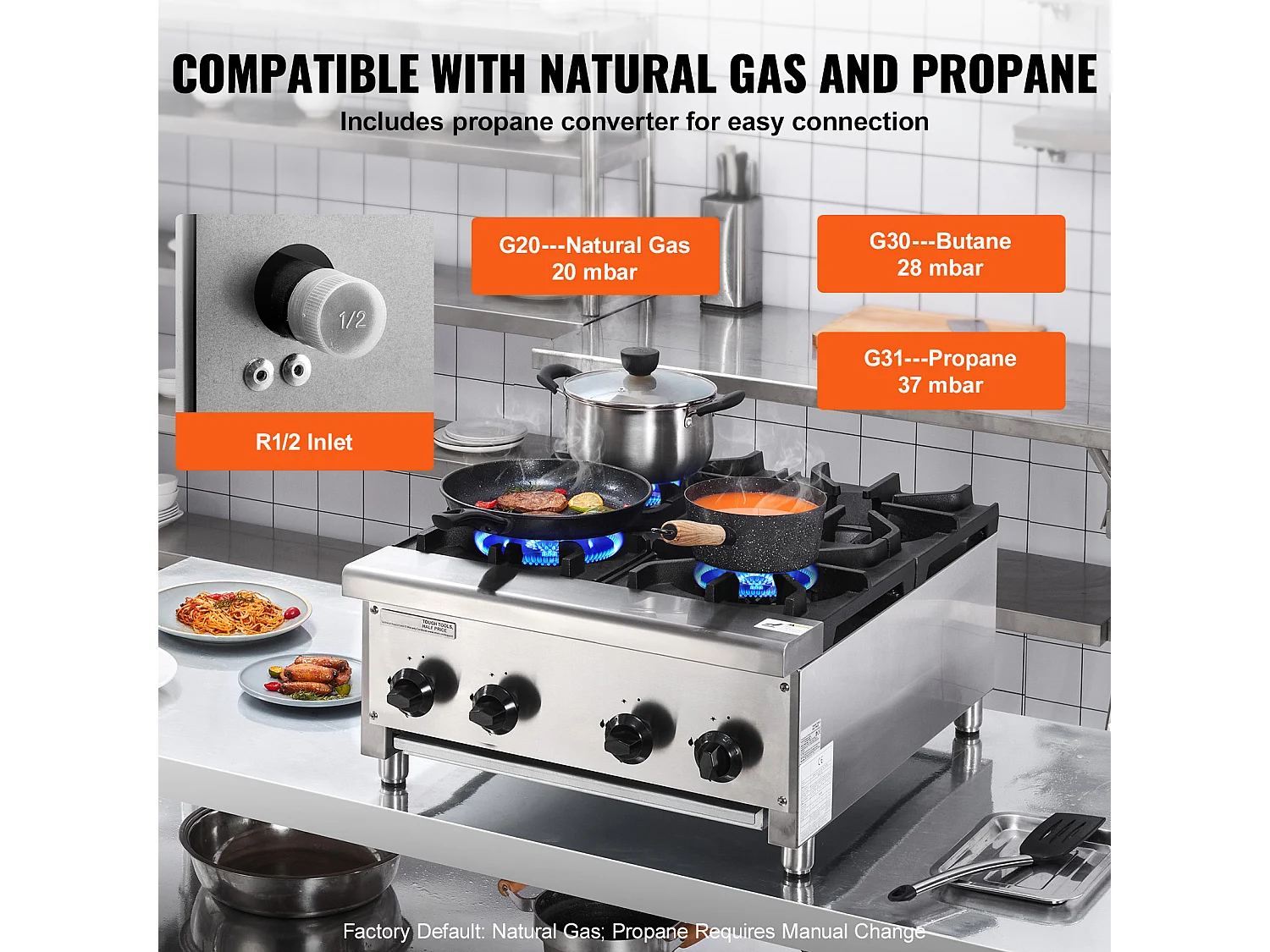 Cuisinière à Gaz Commerciale SucceBuy, Plaque Chauffante de Comptoir à 4 Brûleurs, Cuisinière de Comptoir au Propane et au Gaz Naturel, 28 kW