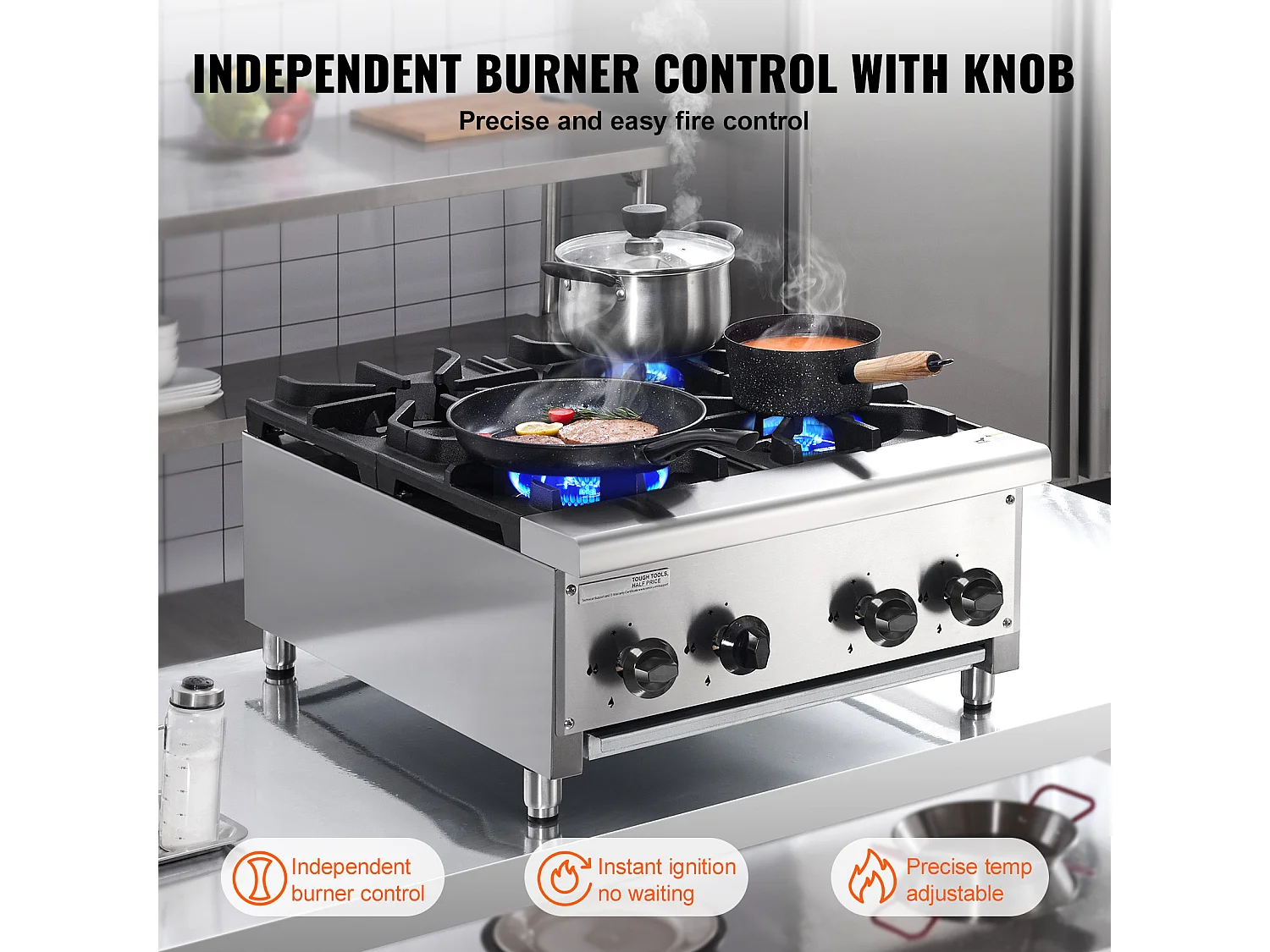 Cuisinière à Gaz Commerciale SucceBuy, Plaque Chauffante de Comptoir à 4 Brûleurs, Cuisinière de Comptoir au Propane et au Gaz Naturel, 28 kW