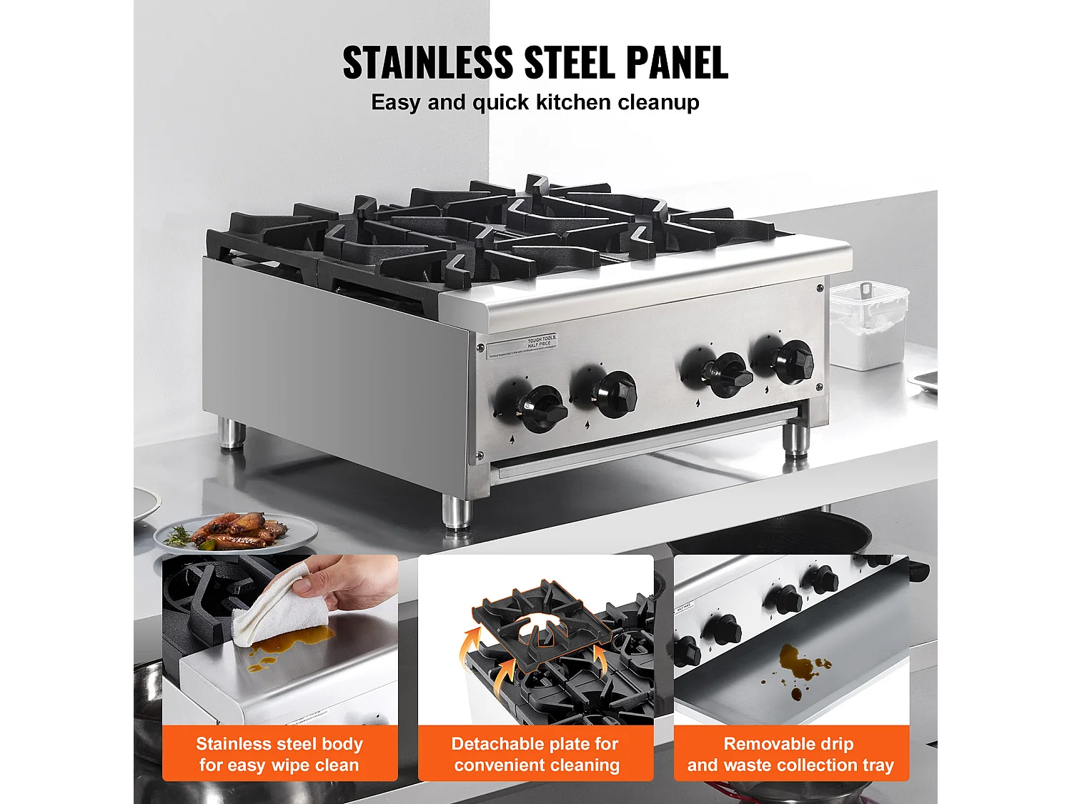 Cuisinière à Gaz Commerciale SucceBuy, Plaque Chauffante de Comptoir à 4 Brûleurs, Cuisinière de Comptoir au Propane et au Gaz Naturel, 28 kW