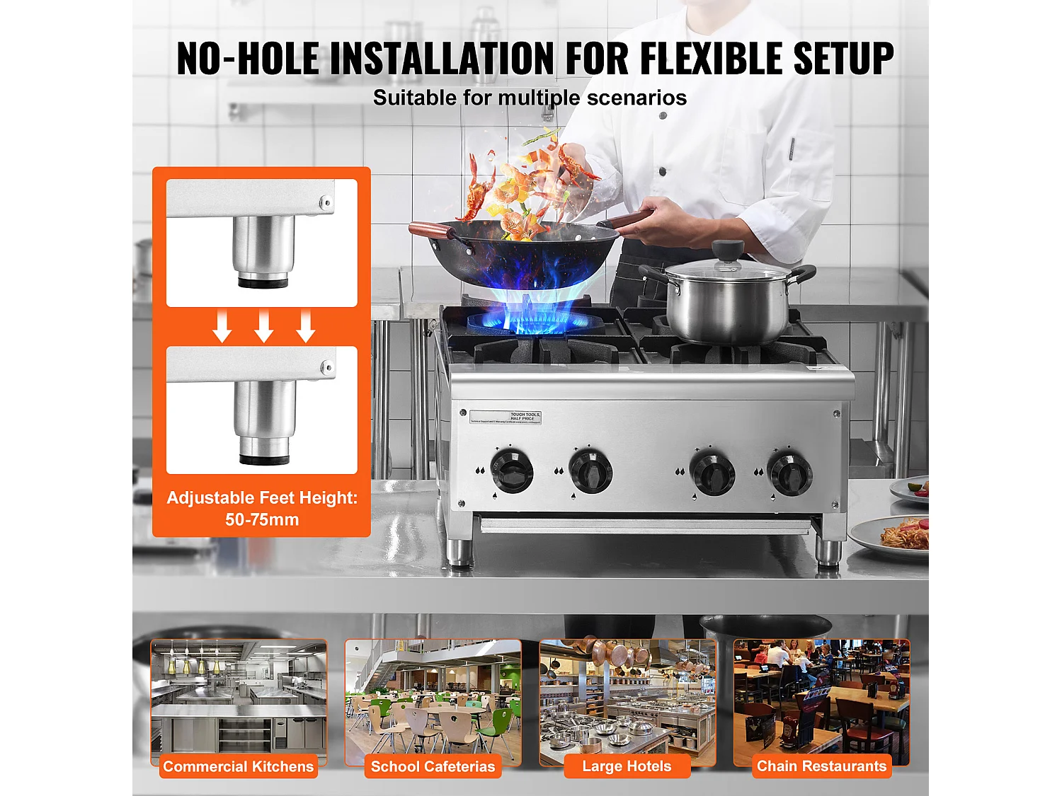 Cuisinière à Gaz Commerciale SucceBuy, Plaque Chauffante de Comptoir à 4 Brûleurs, Cuisinière de Comptoir au Propane et au Gaz Naturel, 28 kW