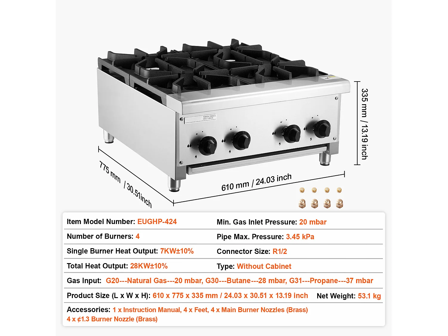 Commercieel Gasfornuis SucceBuy, Aanrecht Verwarmingsplaat met 4 Branders, Aanrecht Fornuis op Propaan en Aardgas, 28 kW