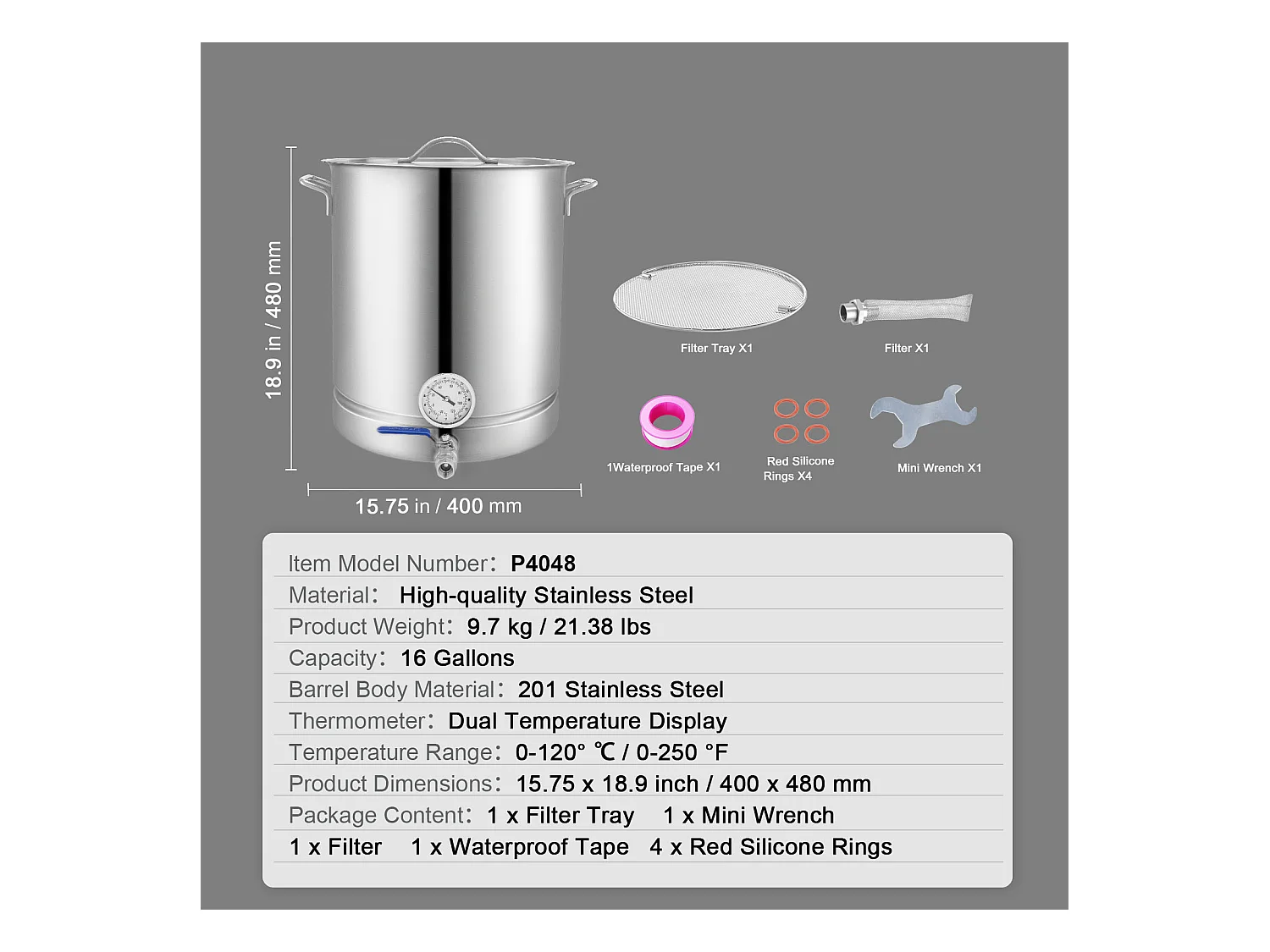 Braukessel SucceBuy aus Edelstahl 60.6L, Dreifachboden, Bierbraukessel, Hausbrau-Bedarf