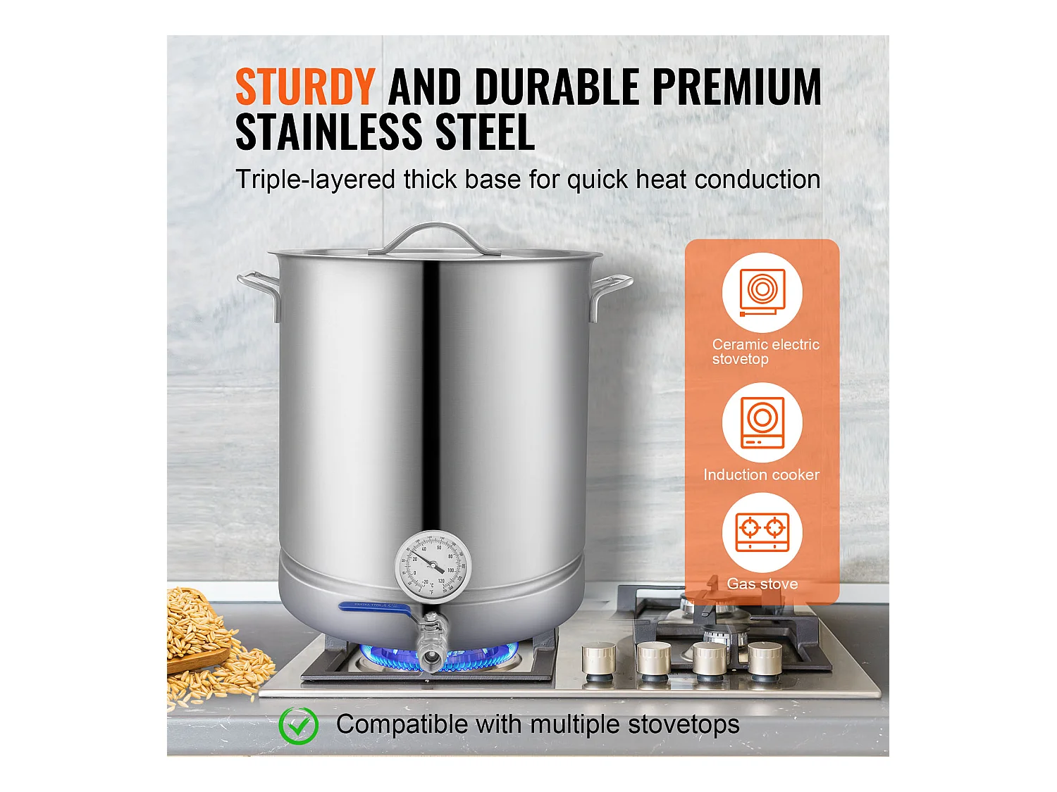 Braukessel SucceBuy aus Edelstahl 60.6L, Dreifachboden, Bierbraukessel, Hausbrau-Bedarf