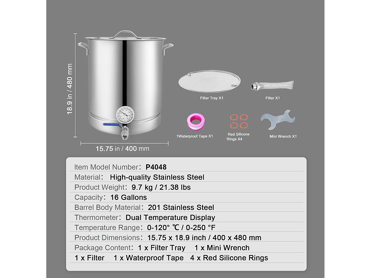 Caldera de Elaboración de Cerveza SucceBuy de Acero Inoxidable 60.6L, Fondo Triple, Olla de Elaboración de Cerveza, Suministros de Elaboración de Cerveza Casera