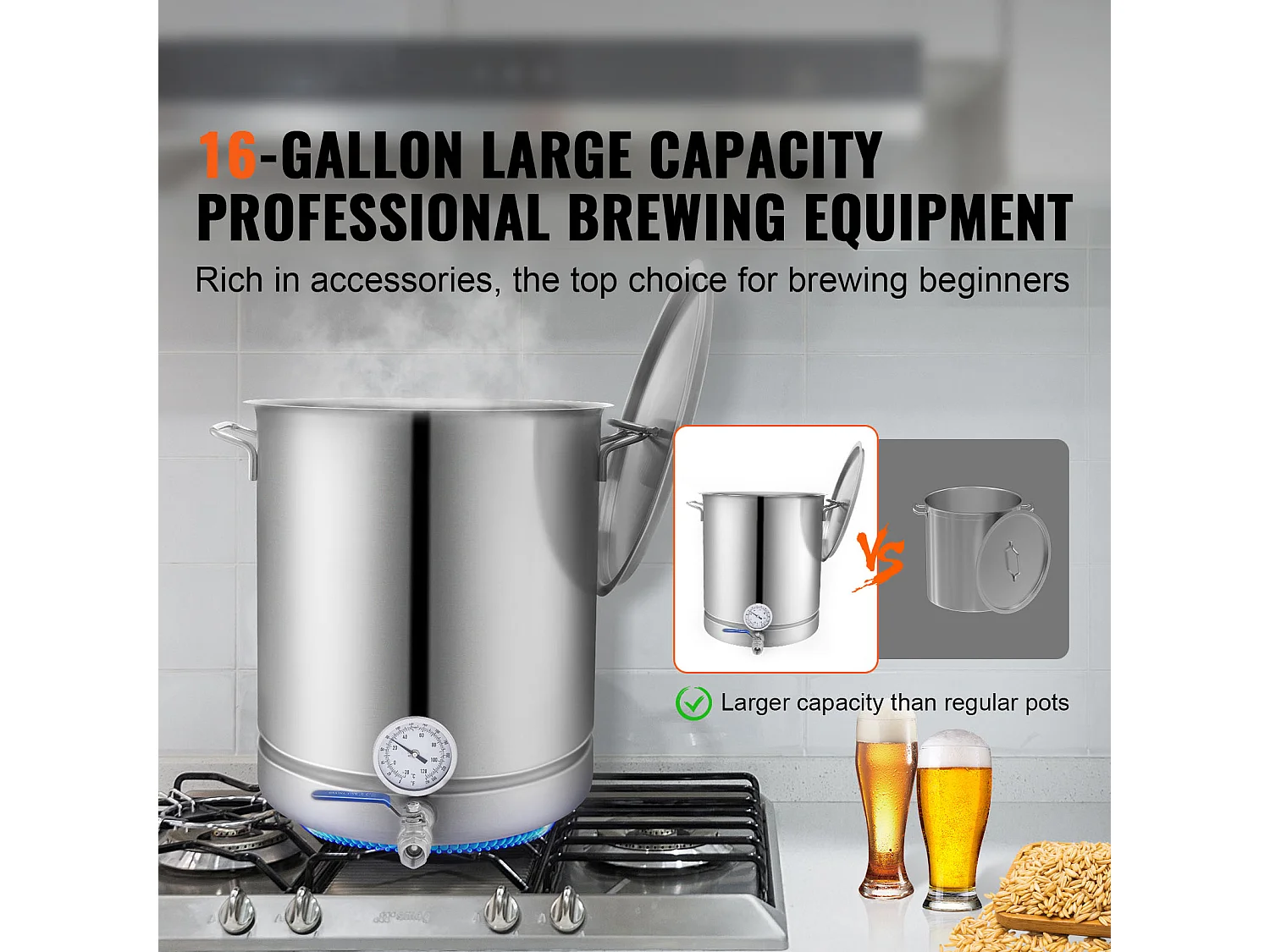 Caldera de Elaboración de Cerveza SucceBuy de Acero Inoxidable 60.6L, Fondo Triple, Olla de Elaboración de Cerveza, Suministros de Elaboración de Cerveza Casera