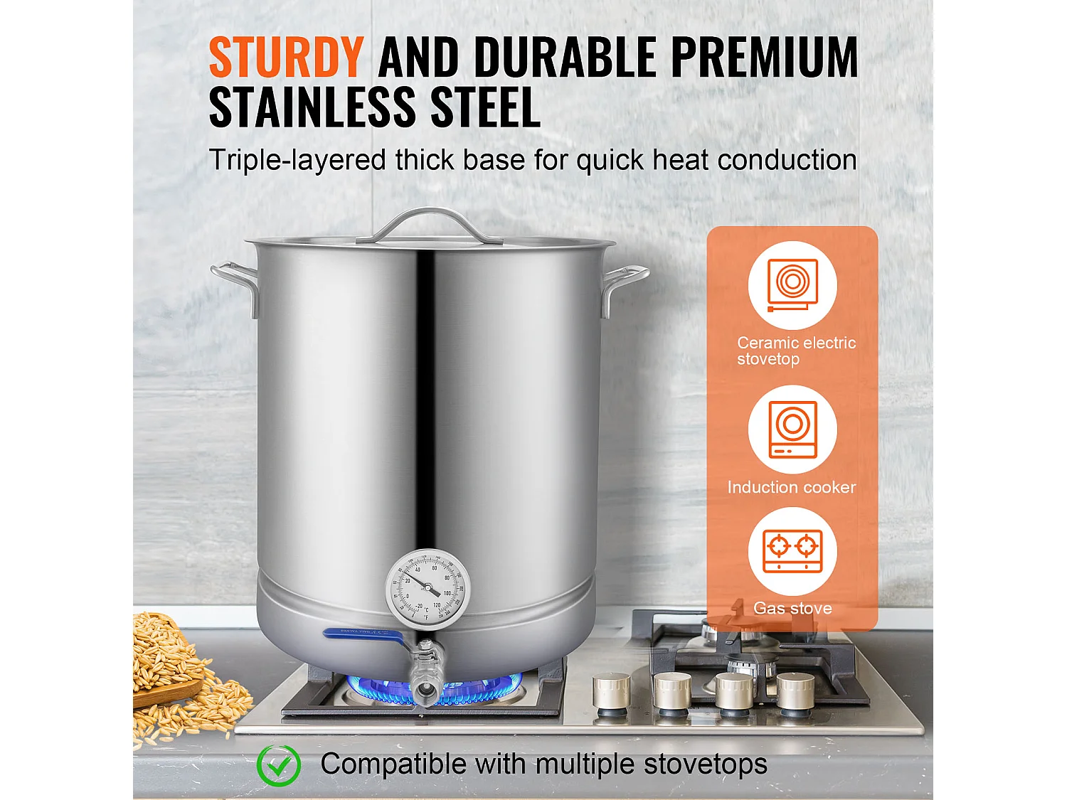 Caldera de Elaboración de Cerveza SucceBuy de Acero Inoxidable 60.6L, Fondo Triple, Olla de Elaboración de Cerveza, Suministros de Elaboración de Cerveza Casera