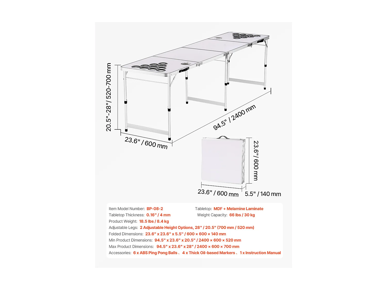 Stół do Beer-Pong Portatywny SucceBuy, 2,4 m, Gra na Imprezę w Bagażniku, Otwory na Puszki, Piłki do Ping-Ponga