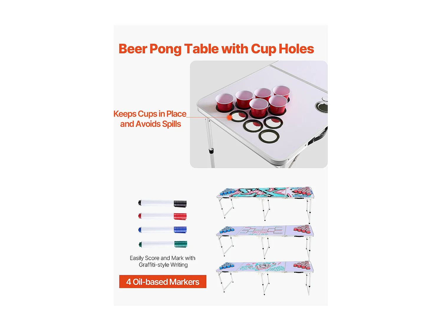 Stół do Beer-Pong Portatywny SucceBuy, 2,4 m, Gra na Imprezę w Bagażniku, Otwory na Puszki, Piłki do Ping-Ponga