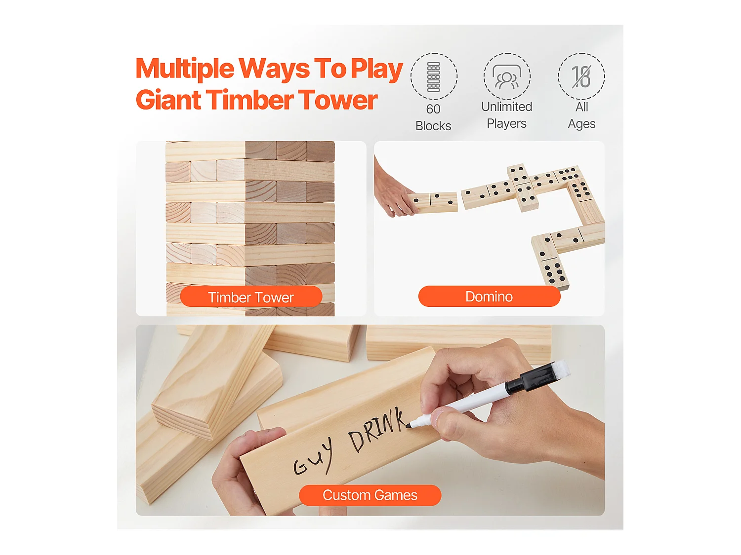 Jouet en Bois à Bascule SucceBuy, 60 Blocs, Tour Géante à Bascule, Bois de Pin, Sac