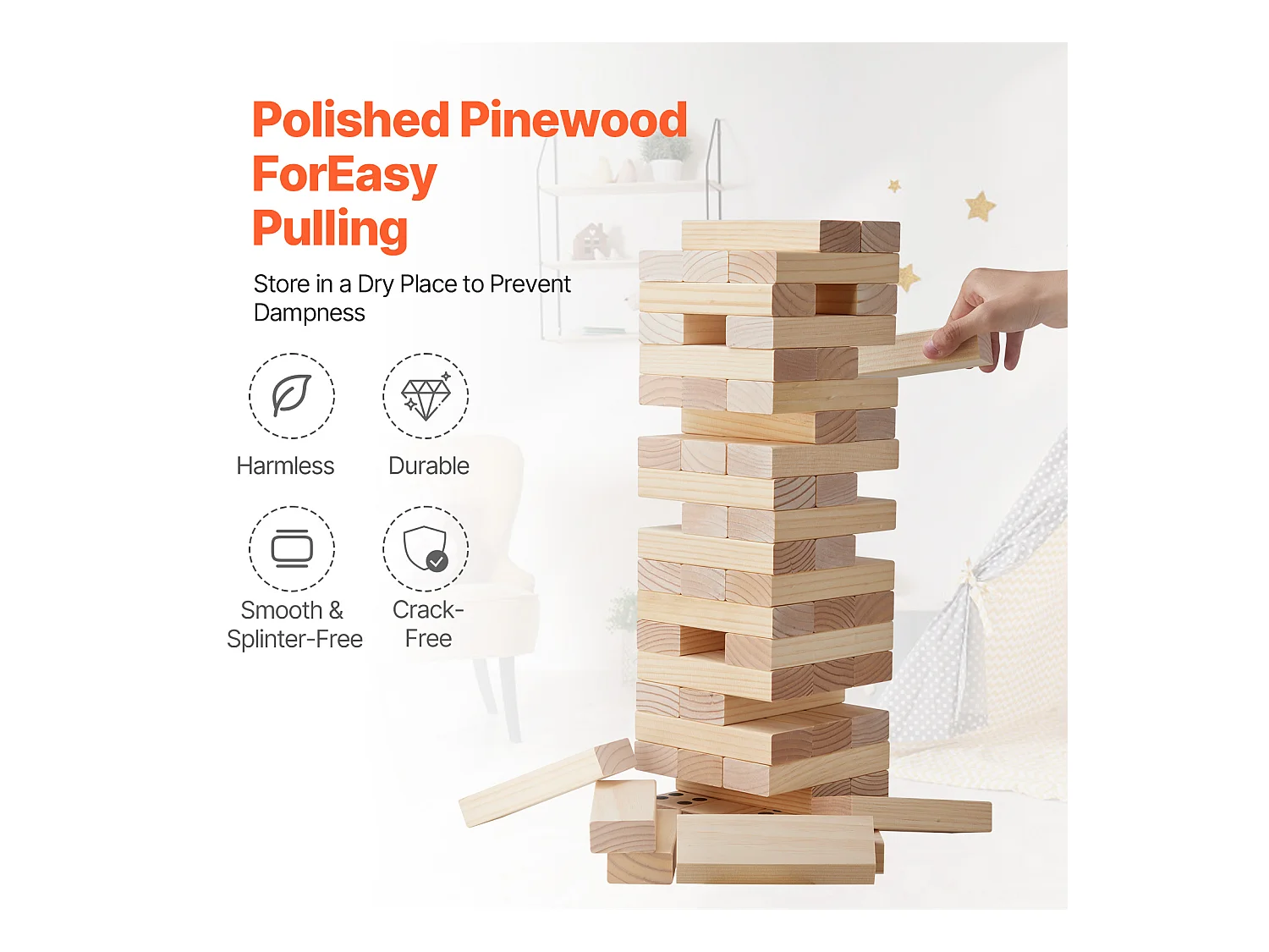 Jouet en Bois à Bascule SucceBuy, 60 Blocs, Tour Géante à Bascule, Bois de Pin, Sac