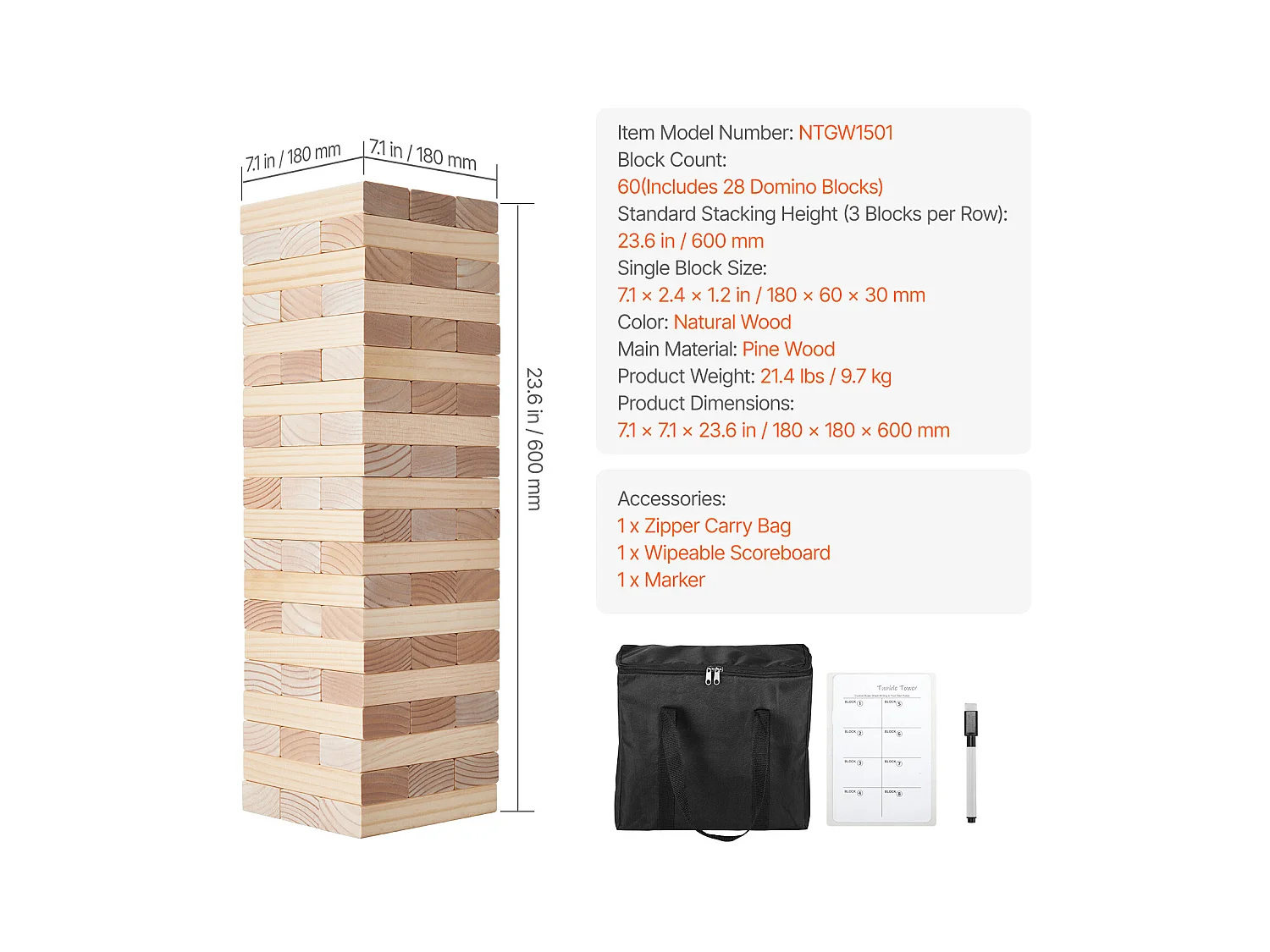 Holzschaukelspielzeug SucceBuy, 60 Blöcke, Riesiger Schaukelturm, Kiefernholz, Tasche
